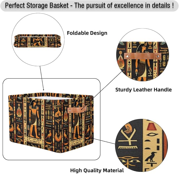 Egyptian Writing People Cube Storage Bins for Shelves, 15x11x9.5 inch Fabric Closet Organizers with PU Leather Handles, Foldable Toy Storage Baskets for Bedroom, Playroom