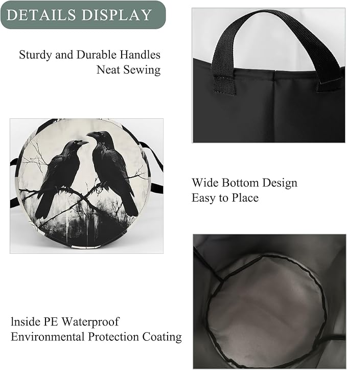 Gothic Raven Laundry Basket Hamper, Organizer Bins Gifts for Women Kids, Goth Dark Tree Crow Foldable Waterproof Clothes Hamper Handles Storage Bucket for Bedroom Bathroom Room Decor 19.7"x15.7"
