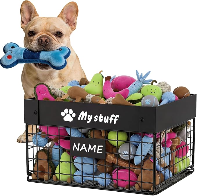 Kaiferty Indestructible Large Dog Toy basket, Chew-Proof Medium Toy Bin for Dogs, Pet Toy Bin Dog Metal Basket for Toys, Puppy Toy Storage Organizer Blankets, Toy Box for Living Room Area (Black)