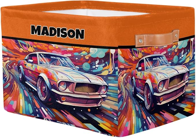 Custom Rectangle Storage Basket, Personalized Name Organizer Bins for Pet/Children Toys, Books, Clothes, Perfect for Rooms/Playroom, Watercolor Painted Car