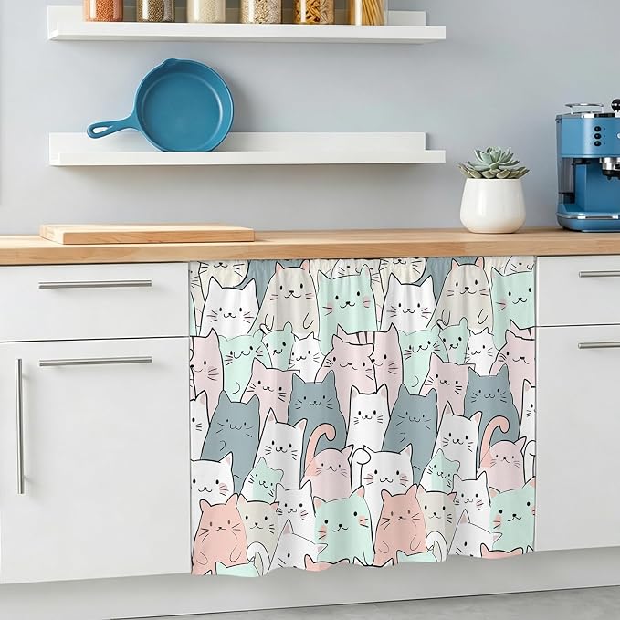 Cartoon Cat Small Sink Skirt 10"Wx11"L, Dustproof Under Sink Curtain with Self Adhesive Tape, Funny Cute Colorful Animal Pet Cabinet Curtain Cover for Bathroom Vanity, Kitchen Storage Shelf, RV