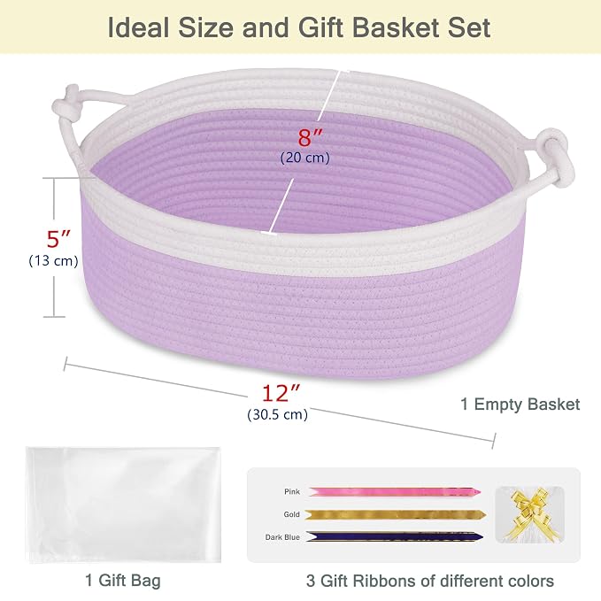 Small Empty Gift Basket with Bag & Ribbons, White & Purple | 12“x8”x5”, Cotton Rope Woven Basket for Birthdays, Baby Showers, Mother's Day, Christmas; Stores Small Items, Kids & Pet Toys