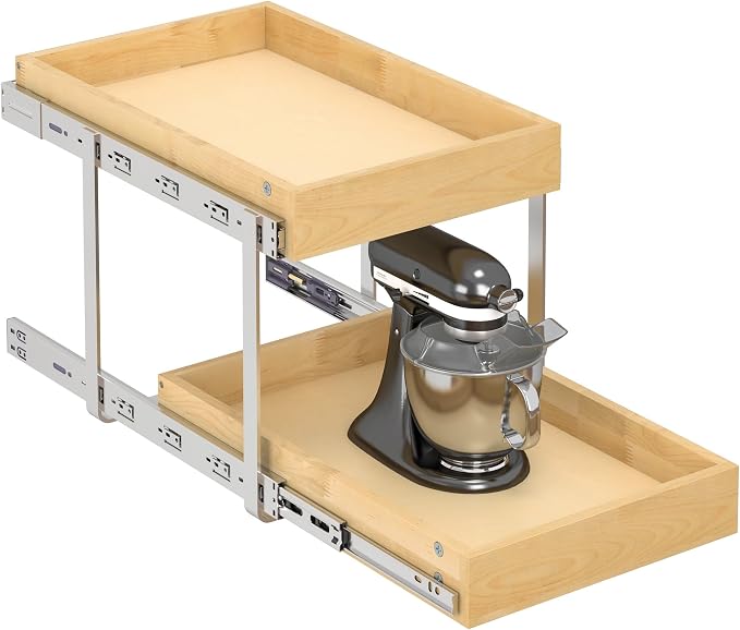 WelFurGeer 2-Tier Pull Out Cabinet Organizer with Soft Close Slides, Heavy-Duty Pull Out Drawers for Cabinets, Slide Out Shelf for Kitchen, Bathroom, Pantry & Under Sink, Solid Birch Wood