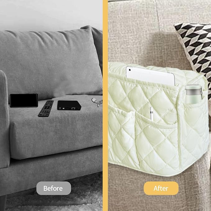 MEHIDFY Armchair Caddy, Waterproof Sofa Armrest Organizer, Non Slip Recliner Organizer, Remote Holder for Recline, Recliner Caddy with 14 Pockets Storage for TV Remote, Phone, Magazine (White)