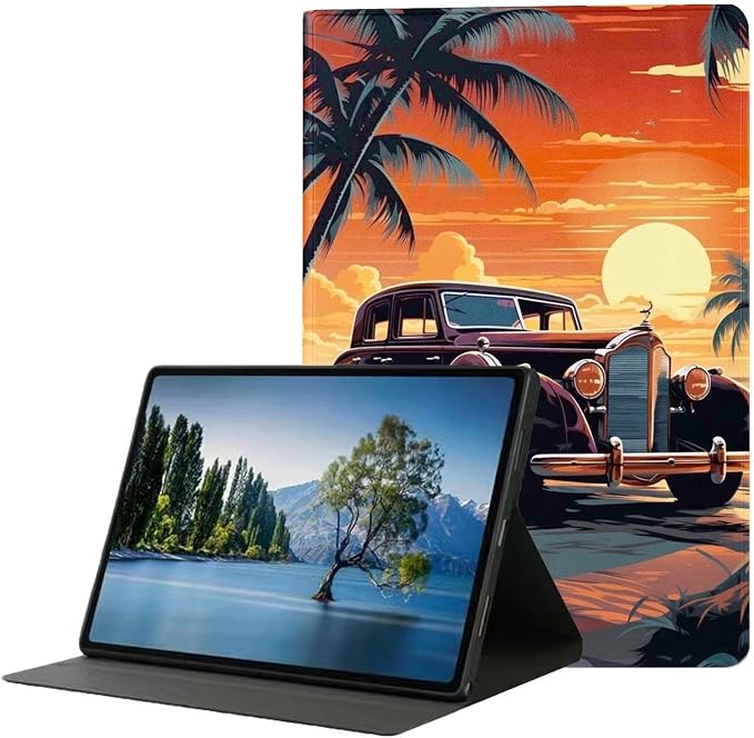 for Samsung Galaxy Tab A8 10.5 Inch 2022 (SM-X200/X205/X207) Tablet Case,Premium Leather Folio Stand Auto Wake/Sleep,Multiple Viewing Stand,Retro Car Sunset Palm Trees