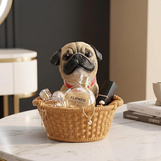 Cute Pug Candy Bowl, Resin Dog Figurine Key Bowl for Entryway Table, Desktop Storage Basket Organizer for Desk, Unique Dog Lover Gift