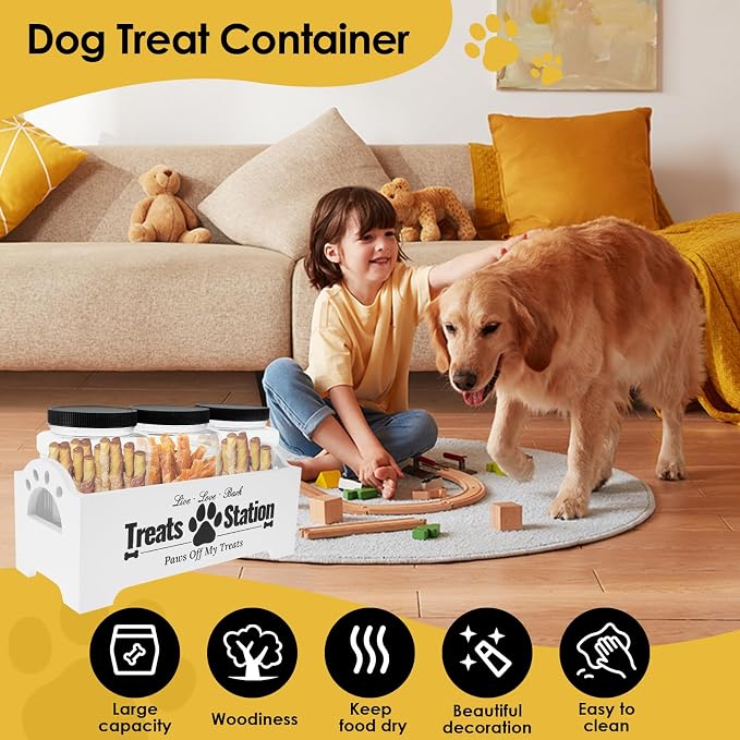 Dog Treat Container for Countertop Dog Food Storage with 3 Plastic Treat Jars Wood Dog Food Container with Handles and Lids Farmhouse Practical Pet Cat Dog Treat Storage Containers (white)