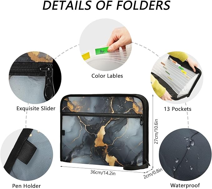 13 Pocket Zipper Expanding File Folder A4 Marble Print Black | Accordion File Organizer with Front Pouch A4 Letter Size Portable Folders for Documents Receipt School Office Supplies