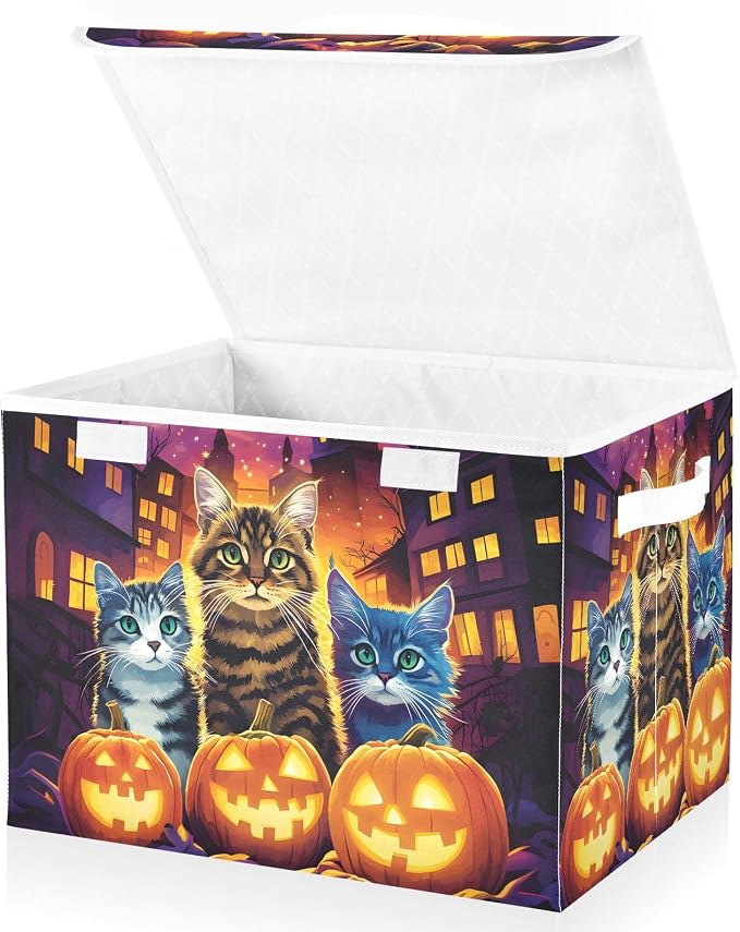 Fabric Storage Bins with Lid Halloween Cat Closet Storage Basket 40L | Decorative Storage Boxes, Foldable & Stackable, Dust-Proof Flip Top, Reinforced Handles, For Home & Dorm, Clothes & Toy Box