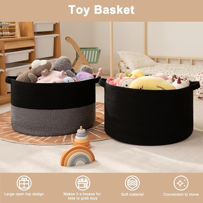 OIAHOMY 115L Extra Large Blanket Basket for Living Room, 23.6" x 15.4" Woven Cotton Rope Laundry Basket for Organizing Pillows, Decorative Stuffed Animal Toy Storage for Nursery, Black and Grey
