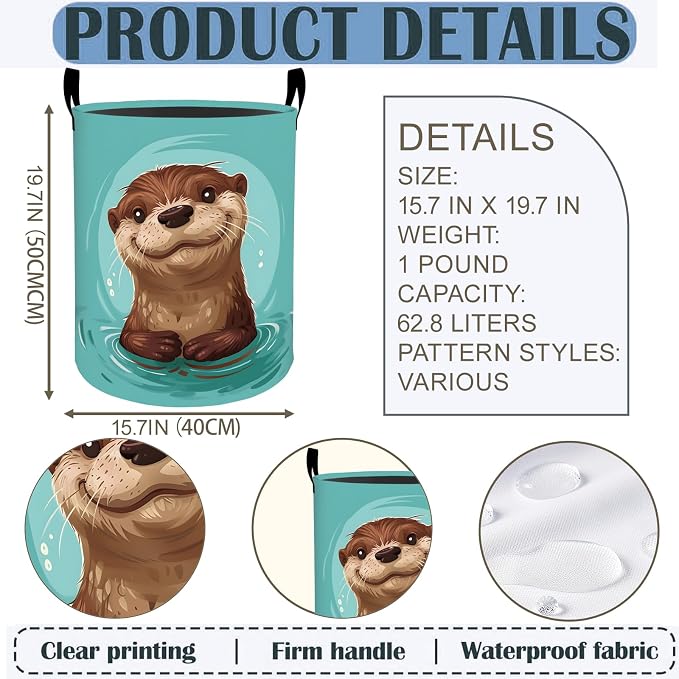 Cute Otter Laundry Basket Hamper 19.7"x15.8", Animal Foldable Waterproof Oxford Clothes Storage Bucket for Room Bathroom Bedroom Nursery Decor, Toy Organizer Bins Gifts for Kids Boys Girls