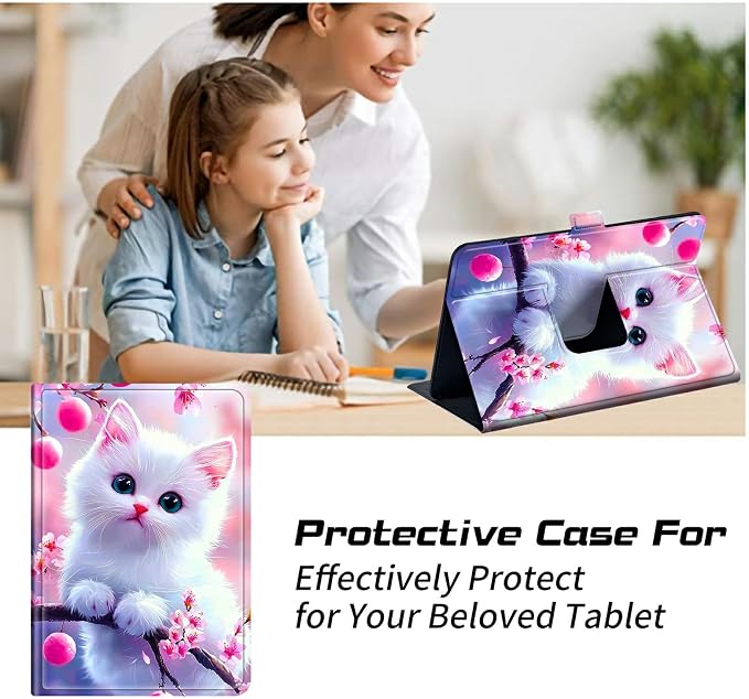 Universal Tablet Case for T-Mobile Revvl Tab 2 10.1" 2025/Revvl Tab 5G 10.36" 2023, 360 Degree Rotating Kickstand Protective Stand PU Leather Shell Cover for 9"-10.5", Flower White Cat