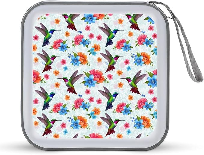Portable DVD CD Organizer Wallet Bird Colorful Flowers Hummingbirds Floral, 40-Capacity Hard Case with Strap, Protective Storage Binder for Car Home