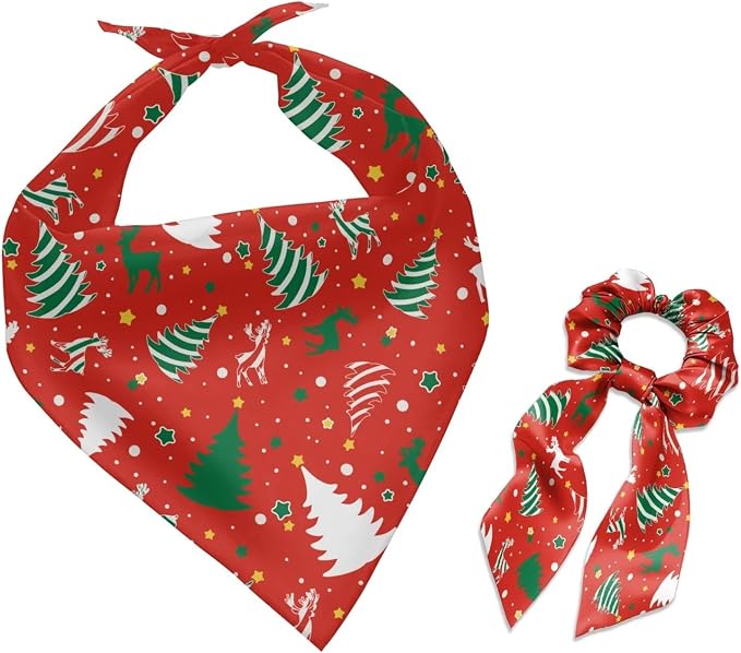 COEQINE Dog Bandanas Bulk Christmas Tree Cake Deer Pattern Red Bow Hair Tie for Women Cute Pet and Owner Matching Outfits for Holiday Festival Costume