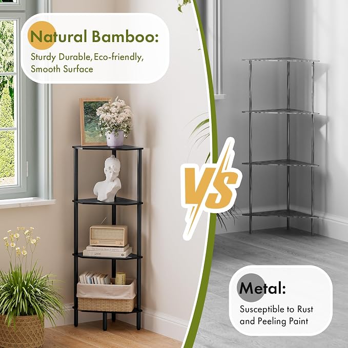 Corner Shelf Stand, 4 Tier Corner Bookshelf, Bamboo Storage Standing Shelf Unit, Tall Storage Plant Stand,Bookcase for Living Room, Home Office, Bedroom, Kitchen, Black