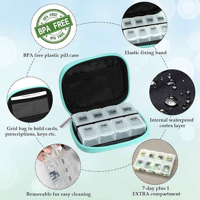 Serfeymi Weekly Travel Pill Organizer Pill Case for Purse with Removable 7 Day Pill Box, Fashionable Travel Medicine Organizer Pill Container for Medicine, Vitamin, Supplement - Black 01 + Green 01