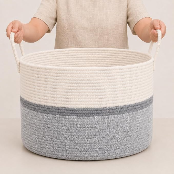 OrganiHaus Round Toy Basket & Blanket Basket, Cotton Rope 20x13" | Striped Gray - Round Cotton Rope Basket, 20x13"