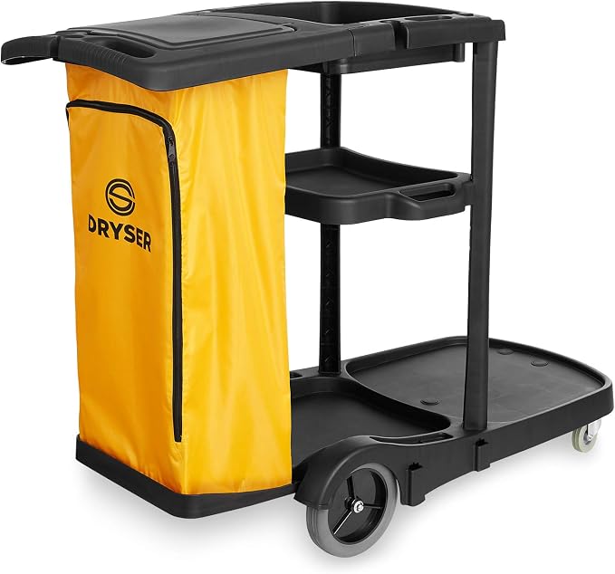 Commercial Janitorial Cleaning Cart on Wheels - Black Housekeeping Caddy with Cover, Shelves and Vinyl Bag