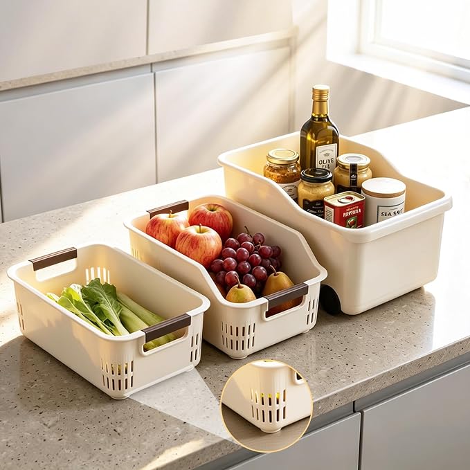 3 Pack PP Organizer with Wheeled Storage box for Kitchen Cabinet Bin | 3 pack organizer kitchen, laundry, garage at once; organizer with rolling wheels glide out from high cabinets easily