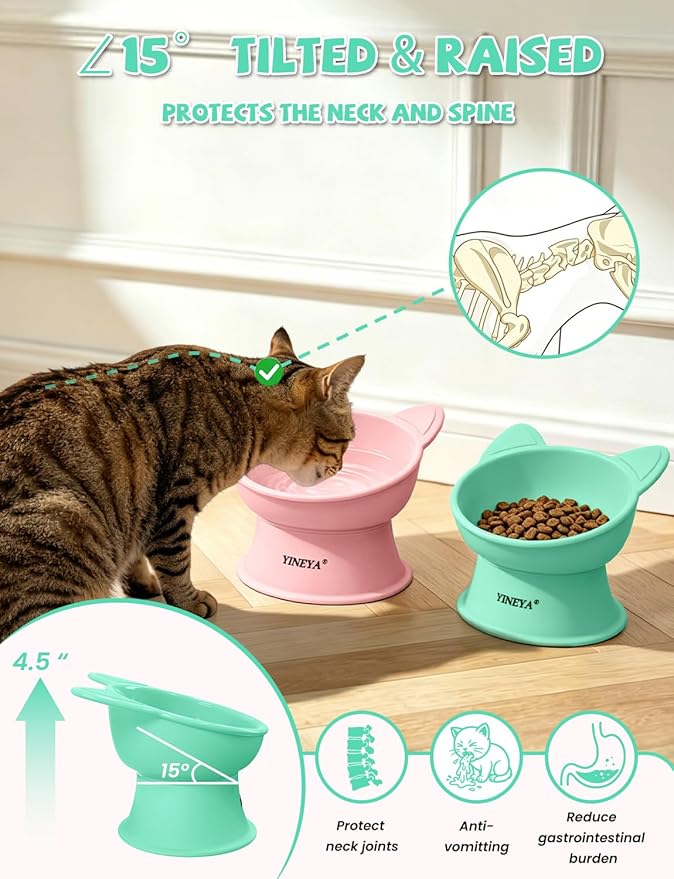 YINEYA Elevated Cat Bowls 2 Pcs, Cat Food Bowl to Protect Neck & Anti-Vomit, Whisker-Friendly Raised Food and Water Bowls Set for Indoor Cats/Small Dogs, Cute Pet Feeding Bowl 6 OZ Each, Pink & Green