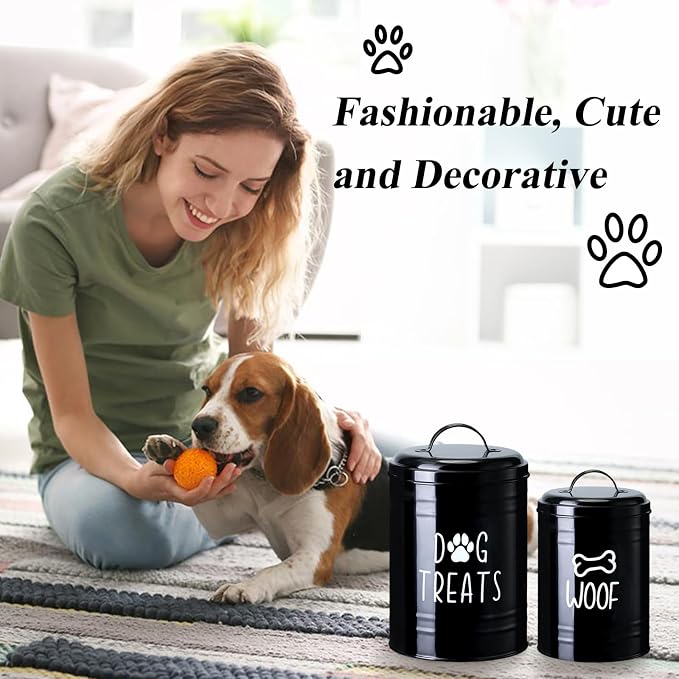 Dog Treat Container Airtight, Dog Treat Jar Set of 2 with Lid - 9x5.5''&7x4'' Metal Dog Cookie Jar for Farmhouse Kitchen Counter, Black Treat Jars for Pets, Treat Storage Container for Dogs, Cats | Large Capacity Dog Treat Jar Suitable All Popular Trea...