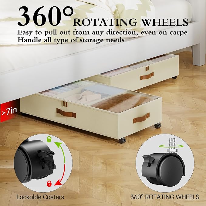Yecaye Under Bed Storage with Wheels, 2 Pack Under Bed Storage Containers with Adjustable Dividers & Clear Lid, Rolling Underbed Organizer Bins Drawer for Clothes, Shoes, Blankets(30.3 x 16 x 6.7in)