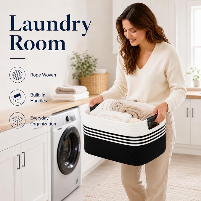 Cotton Rope Laundry Basket Large, 19.2GAL Collapsible Woven Storage Baskets for Living Room Kids Toys Stuffed Animal,Boho Rectangular Decorative Short Hamper for Dirty Clothes, Blankets White Black