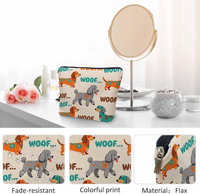 Woman Makeup Bag Dog, Funny Puppy Woof Dogs Makeup Bags Travel Cosmetic Bags Toiletry Makeup Organizer Pencil Pouch Make Up Cosmetic Bag For Owners Lady Birthday Gifts, Orange Blue