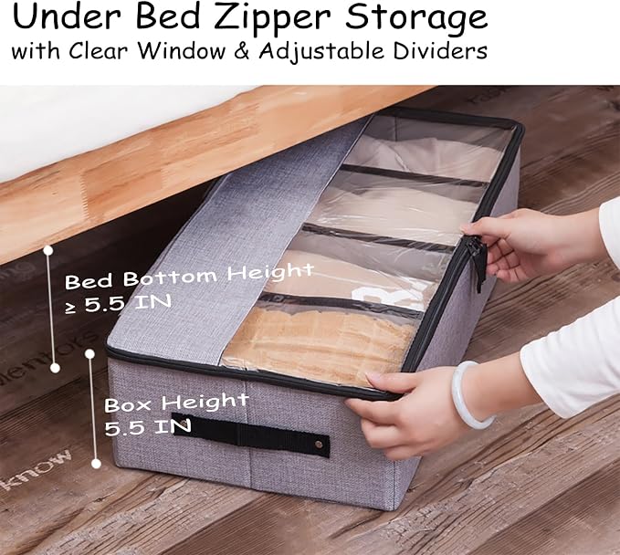 AARAINBOW Foldable Under Bed Clothes Organizer with Lid, Fabric Underbed Storage Container with Adjustable Dividers, Long UnderBed Storage Bins with Handles, Clear Shoes Storage Under Bed (2 Gray)