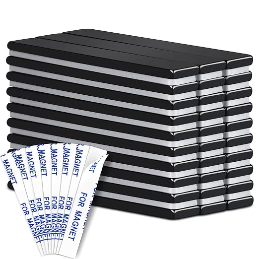 30 Pack Neodymium Bar Magnets with Adhesive Backing 60x10x3mm Black | Fridge Magnetic Strips Refrigerator Blocks Crafts Extra Super Sticky Bar for Science Experiments Classroom Craft Office