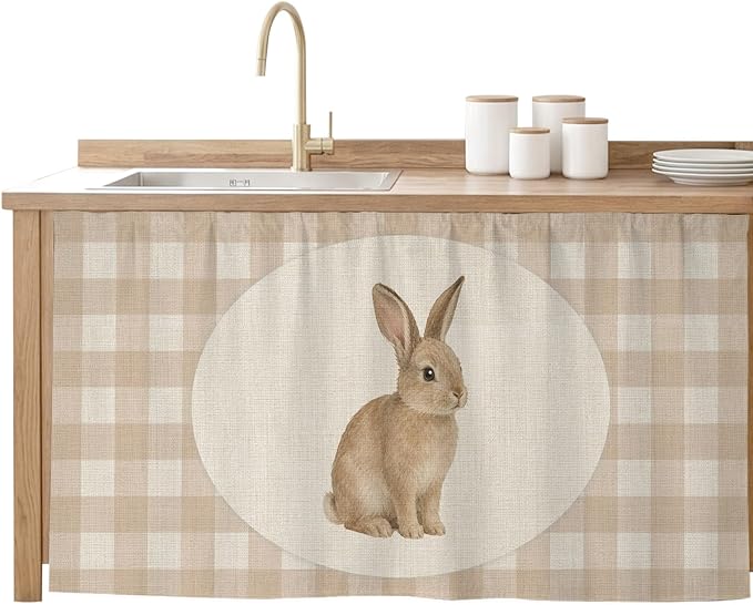 Rabbit Plaid Sink Skirt for Bathroom, Self-Adhesive Under Sink Curtain, Rustic Farmhouse Checkered Retro Animal Hide Pipes & Storage Fabric Cabinet Skirt Cover for Kitchen Laundry 32"x55"