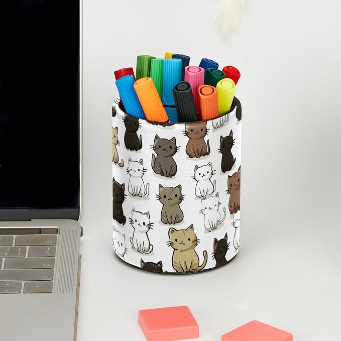 Faux Leather Pen Holder for Desk, Pencil Organizer Cute Cat Pen Cup Desk Decor Makeup Brush Holder Storage for Office Home