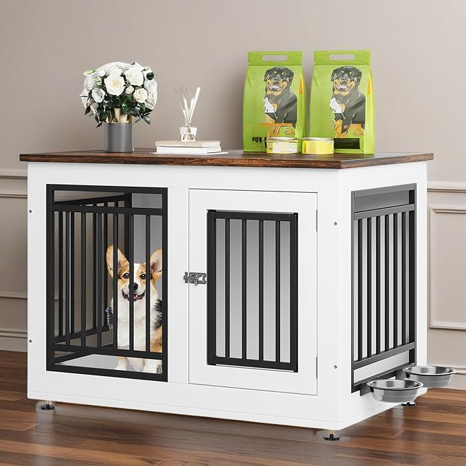 DWVO 35 Inch Dog Crate Furniture with Adjustable Feet & Removable Bowls | Dog Kennel Indoor Furniture End Table for Dogs, Modern Decorative Wooden Cage, Chew-Resistant, White