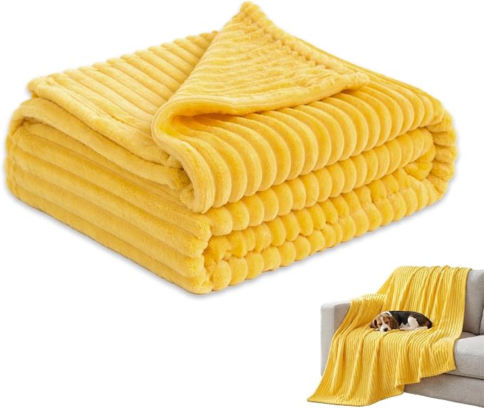 Yellow Dog Blanket, Emotional Support Blanket Yellows for Dogs, 1.5cm (0.6in) Wide Wavy Design, Soft Polyester Pet Throw for Couch Bed Crate Travel, Multiple Sizes (Yellow, 150*200cm/59.05*78.74in)