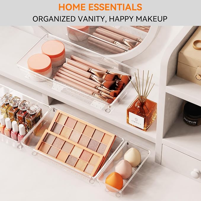 8 Pack Drawer Organizer for Kitchen Gadgets, Large Clear Plastic Drawer Divider for Kitchen Accessories, Bathroom Organizers and Storage, Home Essentials for Makeup and Vanity Accessories