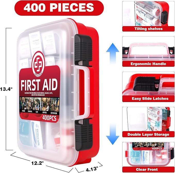 400 Piece First Aid Kit, Organized Dual-Layer Wall-Mountable Hard Case | Sturdy Case, Complete Medical Kit for Home, Car, Camping, Travel, Hiking, Truck, Office, Sports & Outdoor Emergencies