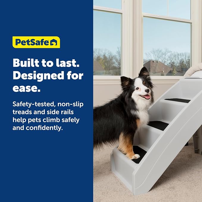 PetSafe CozyUp Folding Dog Stairs, 20 in Tall, Gray | Portable & Foldable 4-Step Stairs, Non-Skid Feet, Side Rails, Dog Steps for Bed, for Dogs up to 200 Lb