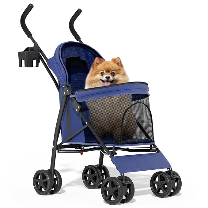 MoNiBloom Pet Stroller for Small/Medium Dogs & Cats Holds 22 lbs, Navy Blue | Foladble 4 Wheels Easy-Fold Puppy Cage Jogger Stroller with Sun Cover, Pad and Rear Storage Bag, Breathable and Visible Mesh