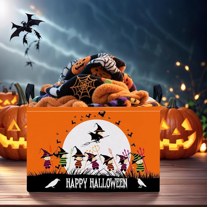 Halloween Basket Gift Cute Pumpkin Ghost Parties Decor Kid Trick or Treat Basket for Boys and Girls Rectangular Storage Bin Box (Witch)