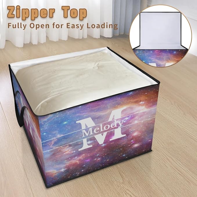 Custom Name Large Clothes Storage Organization with Lids, Kids Toys Bin Shelf Basket, Bedding Clothes Storage Bin for Nursery, Gift Basket, Space Universe Galaxy Background with Initial Letter