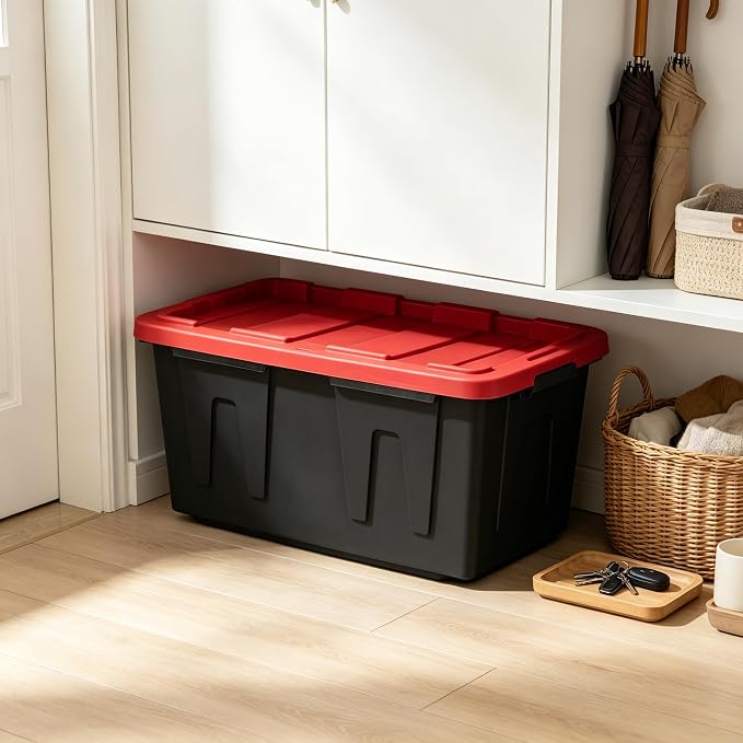 4 Pack 27 Gallon Large Storage Bin with Snap Lid, Black and Red, Heavy Duty Plastic Storage Container