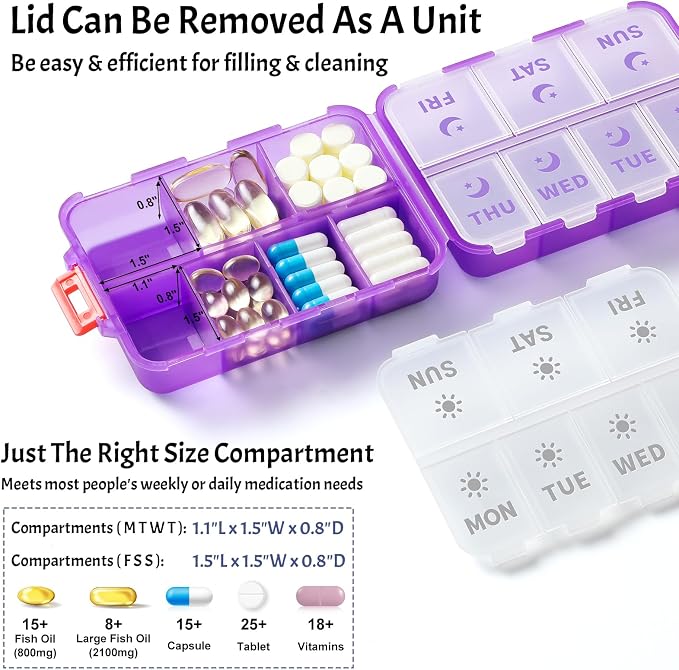 NEW Foldable & Double Protection Portable Weekly Pill Organizer 2 Times A Day with Etched Labels, AM PM 7 Day Week Medicine Box, Daily Travel Pill Case Dispenser for Vitamin, Supplement - Clear Purple