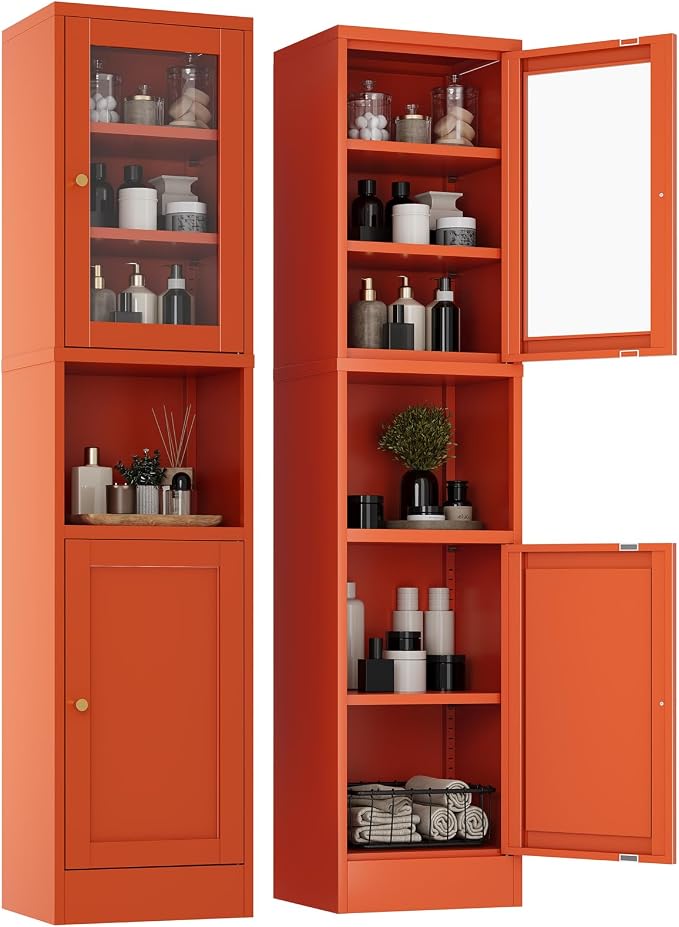 YAUWOH 2-Door Metal Storage Cabinet, Tall Slim Pantry Organizer with 3 Adjustable Shelves (120LBS/Shelf), Anti-Tipping Waterproof Cabinet for Bathroom/Kitchen/Home Office/Small Spaces,(1PC,Orange)