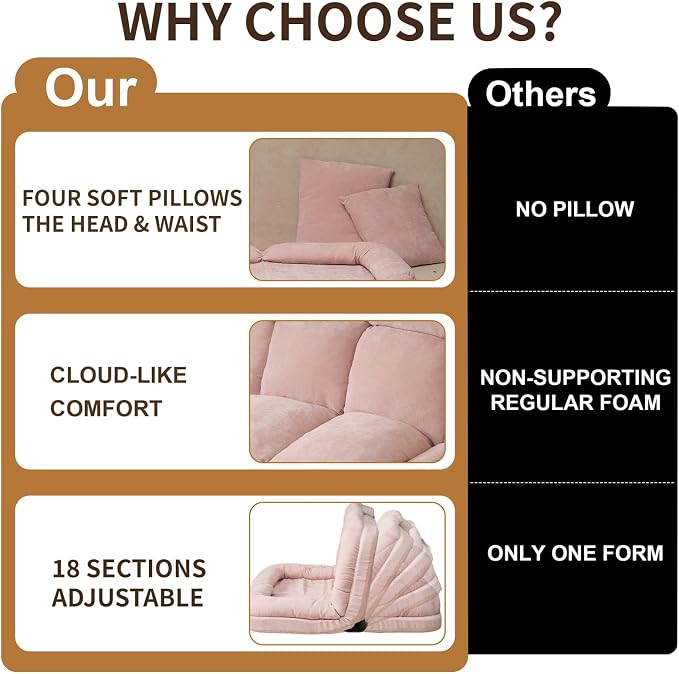 Convertible Fold-Out Lazy Sofa Bed - Adjustable Human Dog Bed for Adults, Plush Upholstered Adjustable Sofa Couch with 18-Position Backrest, 2-Person Floor Sofa Bed, Space Saving Design