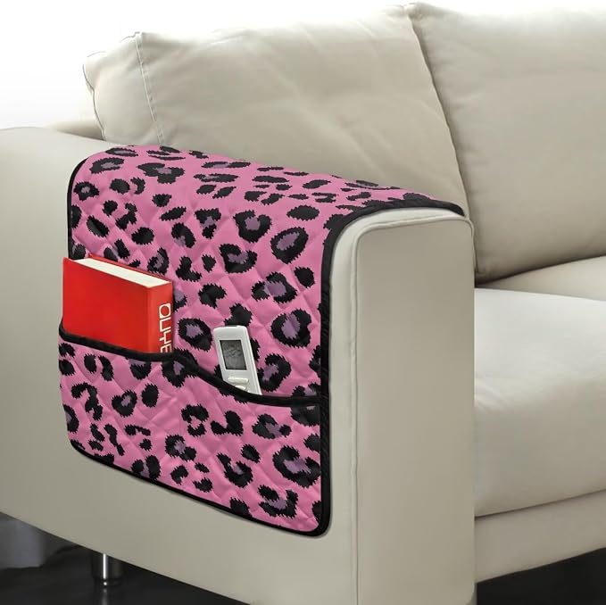 Pink Leopard Print Sofa Armrest Covers Non-Slip Arm Rest Covers Washable Couch Arm Cover with Two Pockets Dustproof Furniture Protector for Living Room Decoration
