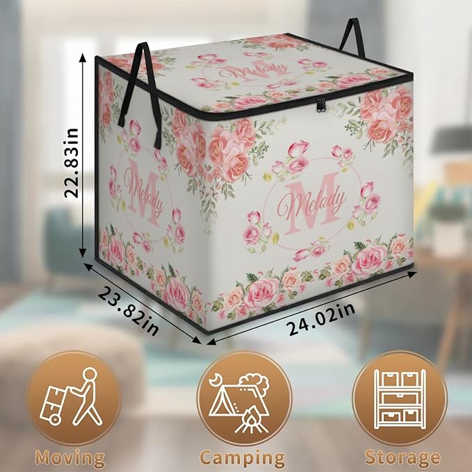 Custom Name Comforter Storage Bin with Lid, Personalized Initial Letter XL Storage Basket with Handles Zippers for Organizing Blankets, Bedding Closet Shelf Baskets, Pink Rose Floral