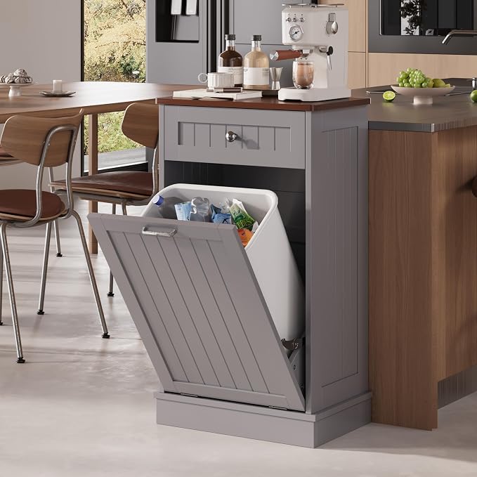 KIGOTY Tilt Out Trash Can Cabinet, Laundry Hamper Cabinet, Kitchen, Gray