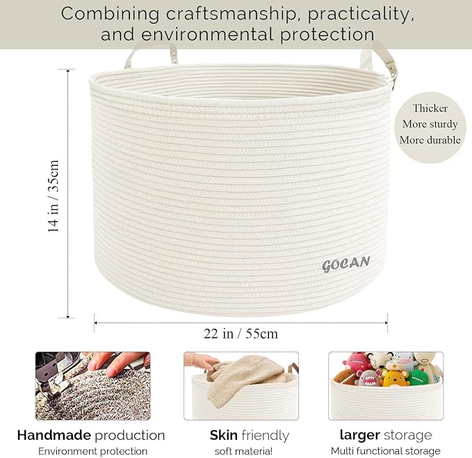 Cotton Rope Woven Laundry Basket 22"X 22"X 14" with handles（Cream）XXXL | Hand-woven, ideal for storing blankets and cushions in the living room, and clothes for household storage.