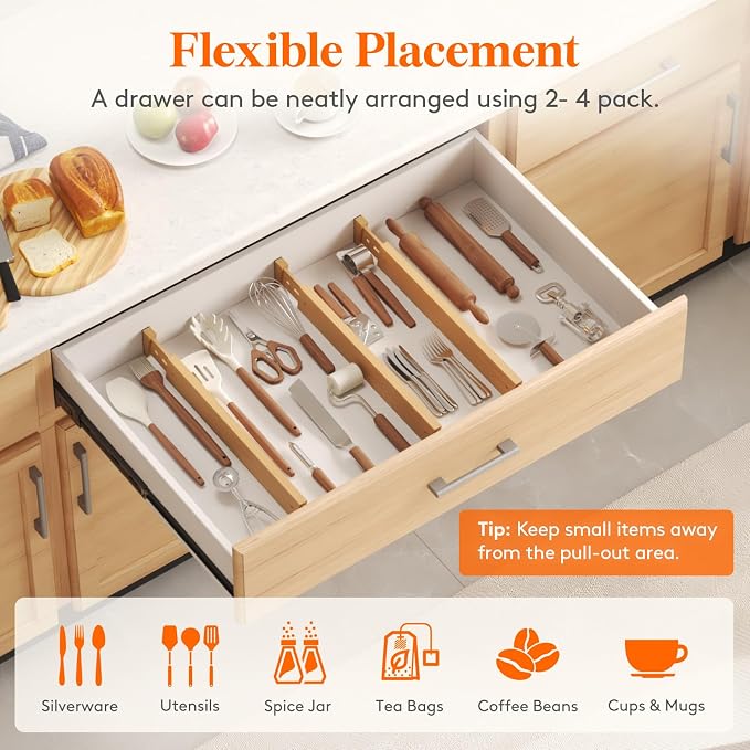 Lifewit 2.4" Kitchen Drawer Dividers, Adjustable Bamboo Drawer Organizers | 8 Pack 17.5"-22" Expandable Drawer Separator for Clothes, Utensils, Dresser, Cabinet, Closet, Nursery Organization & Storage