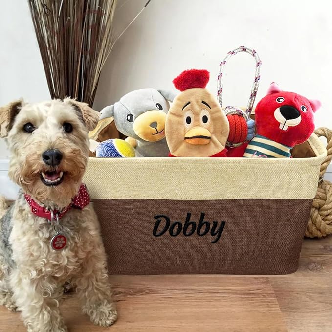 Ulico Custom Dog Toy Storage Basket, Collapsible Pet Organizer Box with Handles, Personalized Dog Toy Bin, Brown